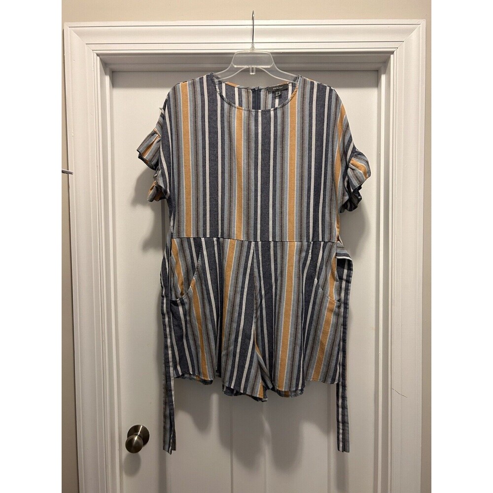 Plus Curvy Striped Cotton Blend Romper Size 16  Relaxed Fit Zipper Back Pockets